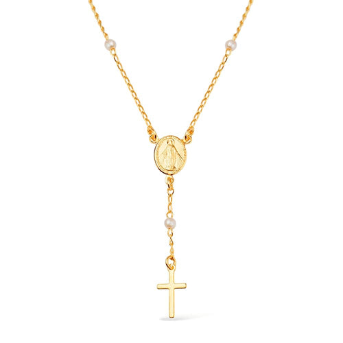 Colar Dourado Religioso Terço Cruz e Pérolas