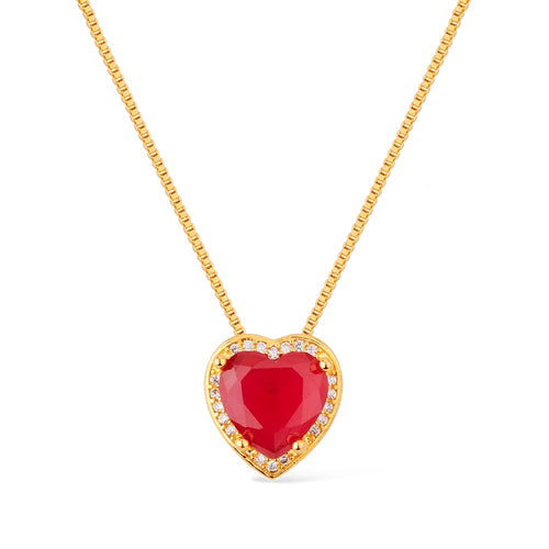 Colar Dourado de Pedra Natural Vermelha Coração Cravejado de Zircônia