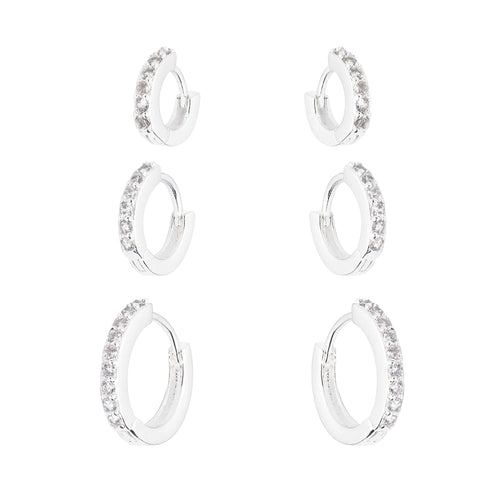 Trio de Argolas Cravejadas de Zircônias em Prata 925